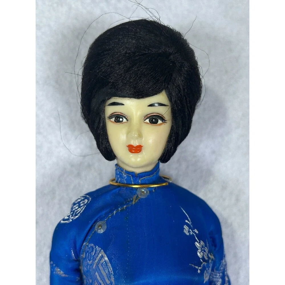 Vintage Vietnamese Asian Doll Blue Silk Dress Ao Dai Figurine 15.5” Woman
